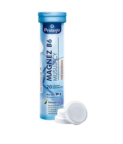 Protego Magnez B6 Musujący 20 tabletek musujących o smaku pomarańczowym Protego Magnez B6 Musujący 20 tabletek musujących o smaku pomarańczowym