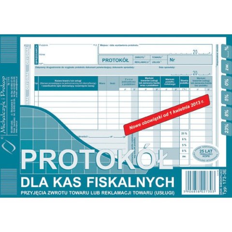 PROTOKÓŁ DLA KAS FISKALNYCH PRZYJĘCIA ZWROTU A5 (O+1K) Michalczyk i Prokop