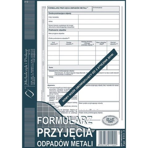 FORMULARZ PRZYJĘCIA ODPADÓW METALI A5 (O+1K) Michalczyk i Prokop