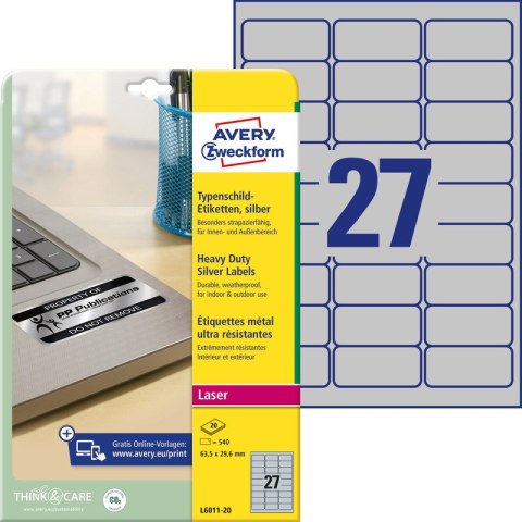 ETYKIETY A4 AVERY HEAVY DUTY 63,5*29,6mm SREBRNE (20) Avery Zweckform